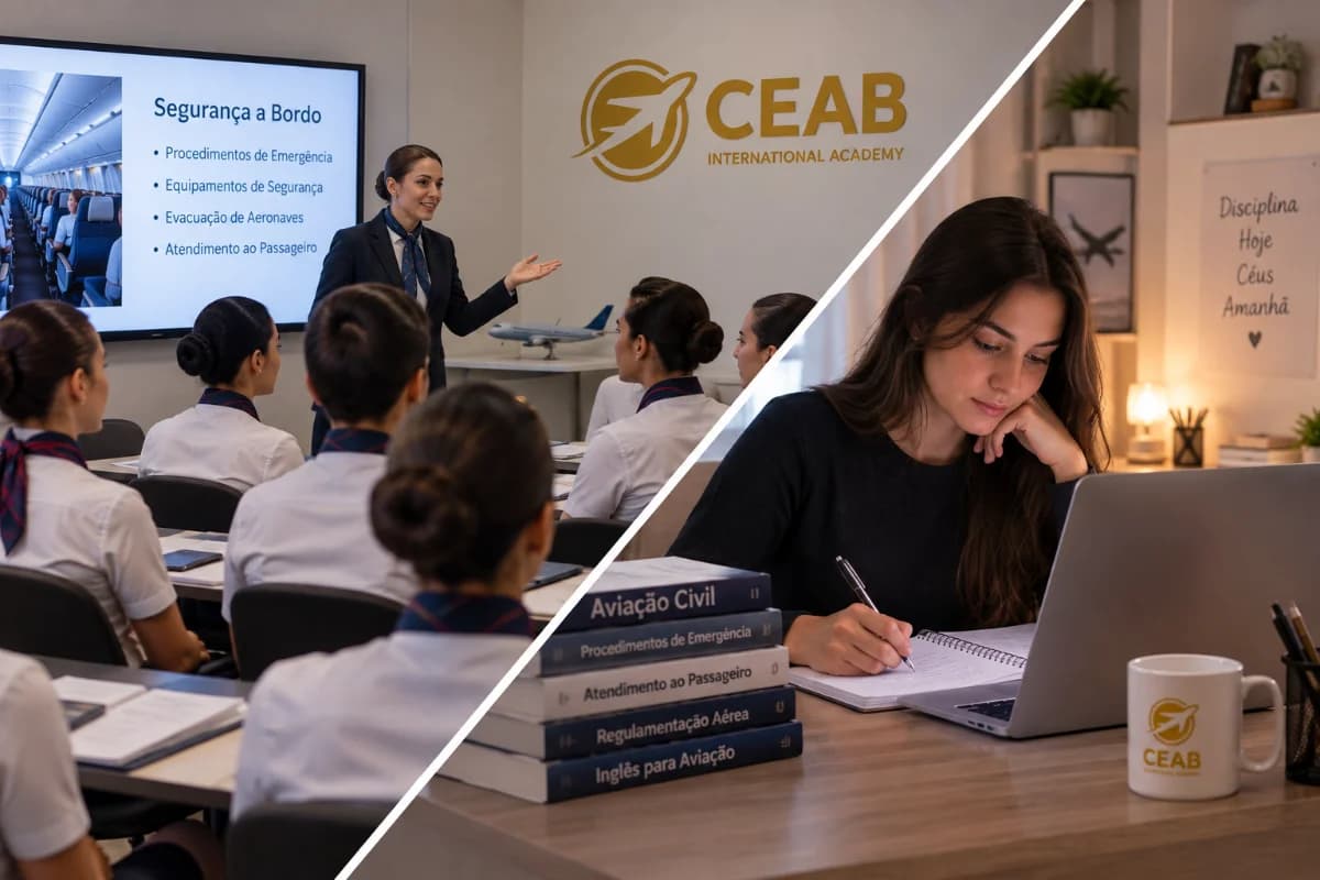 faça uma imagem cortada na diagonal com um lado mostrando uma sala de aula com professora ensinando alunos uniformizados de comissários e na outra sena uma aluna de comissária de bordo em casa estudando pelo computador concentrada e fazendo anotações 600x400