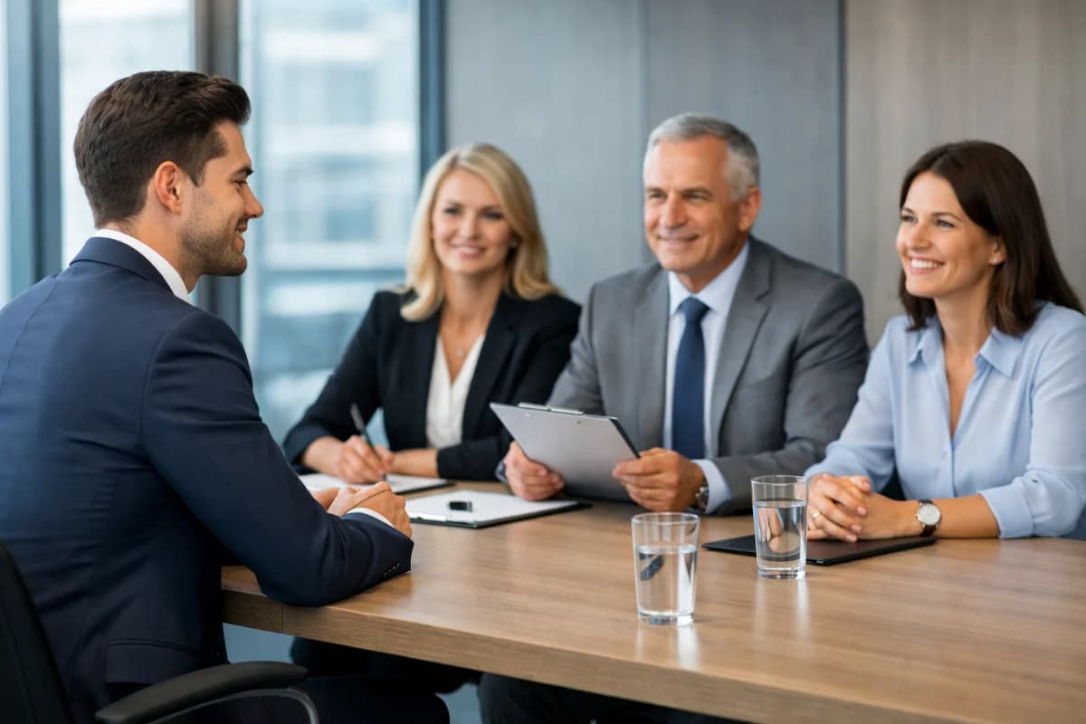 Cena realista em um ambiente de recrutamento de companhia aérea: sala moderna de entrevistas com mesa e cadeiras, um candidato(a) com traje social discreto segurando currículo e olhando confiante, ao fundo um painel de vidro com vista sutil de um aeroporto e aeronaves desfocadas, recrutador(a) tomando notas, composição limpa e profissional, foco no candidato em primeiro plano, profundidade de campo suave, estilo fotográfico editorial, iluminação natural suave, cores neutras, enquadramento horizontal 16:9, sem texto, sem logotipos, sem marcas d’água
