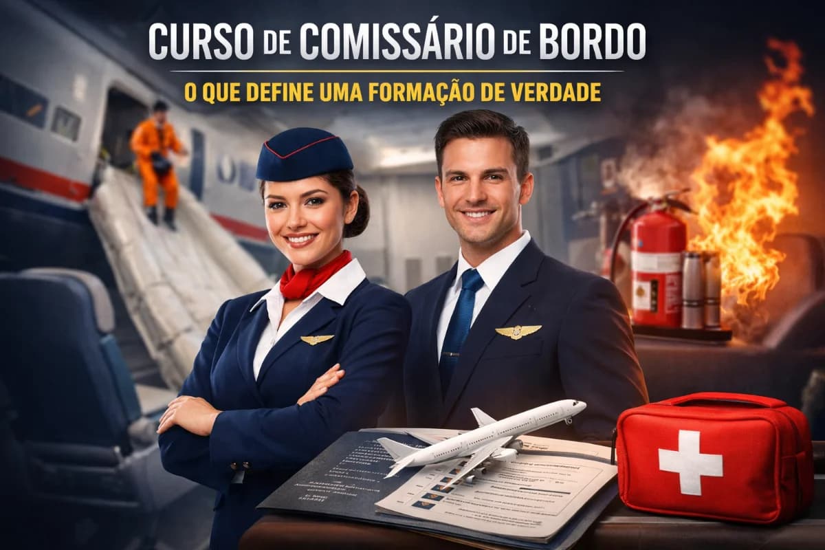 Cena realista em ambiente de treinamento de comissários: cabine de aeronave simulada com fileiras de assentos e compartimentos superiores, um instrutor orientando dois alunos com uniforme neutro durante simulação de procedimentos de segurança e atendimento ao passageiro; equipamentos de emergência visíveis (colete salva-vidas, máscara de oxigênio, extintor) organizados; atmosfera profissional de escola de aviação, sala ampla e limpa; composição com profundidade de campo, foco nos alunos e no instrutor ao centro, perspectiva levemente angular pelo corredor; estilo fotográfico editorial, cores naturais, iluminação suave e difusa, alto nível de detalhe; enquadramento horizontal 3:2, sem texto, sem logotipos, sem marcas d’água