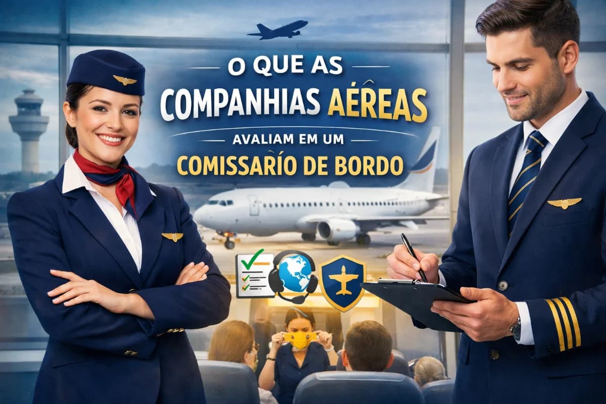 Cena realista dentro de uma cabine de avião comercial moderna durante um treinamento de seleção: uma candidata a comissária de bordo em uniforme neutro demonstra procedimento de segurança e comunicação com postura profissional, enquanto dois recrutadores observam com pranchetas; passageiros figurantes sentados ao fundo; ambiente limpo e organizado, compartimentos superiores e corredor visíveis; composição horizontal 3:2, enquadramento ao nível dos olhos no corredor, foco na candidata em primeiro plano e recrutadores em segundo plano; estilo fotográfico editorial, alta nitidez, cores naturais, iluminação suave e uniforme de cabine, sem texto, sem logotipos, sem marcas d’água