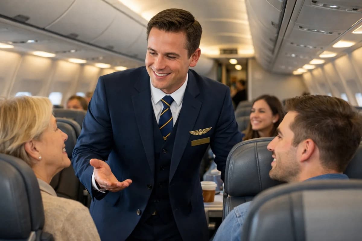 Cena de um comissário de bordo em um avião moderno, interagindo com passageiros, ambiente iluminado e acolhedor, estilo realista, enquadramento horizontal 16:9