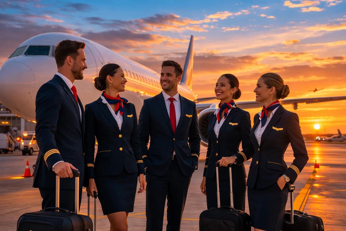 Cena realista em aeroporto moderno: uma turma de alunos com uniforme discreto de comissário de bordo em treinamento, ao lado de uma maquete de cabine de avião e equipamentos de segurança (colete salva-vidas, máscara de oxigênio, extintor) sobre uma bancada. Instrutor apontando para um checklist de procedimentos em prancheta, alunos atentos. Ambiente limpo e profissional, luz natural suave entrando por janelas amplas, tons neutros e azul. Composição horizontal 16:9, enquadramento médio com profundidade de campo, estilo fotográfico realista, alta nitidez, sem texto, sem logotipos, sem marcas d’água.