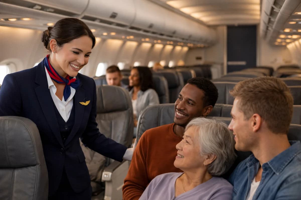 Cena em um aeroporto com uma comissária de bordo em uniforme, de pé ao lado de uma aeronave, céu azul ao fundo, iluminação natural suave, enquadramento horizontal 16:9