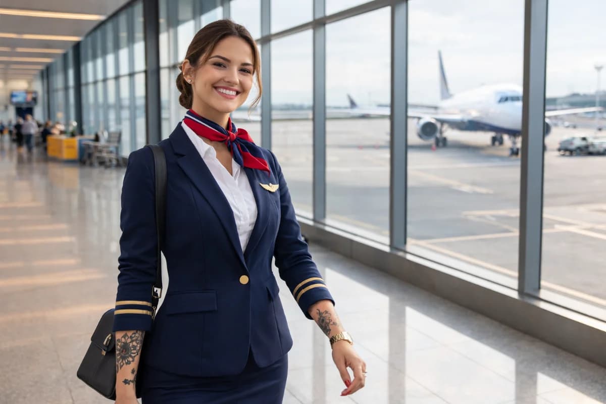 Fotografia editorial realista de uma comissária de bordo em ambiente de aeroporto moderno, em pé ao lado de uma janela ampla com aeronaves ao fundo, usando uniforme profissional com mangas 3/4 e lenço no pescoço, uma tatuagem pequena e discreta parcialmente visível no antebraço, expressão confiante e postura alinhada, composição limpa com foco no personagem em primeiro plano e fundo levemente desfocado, cores neutras e elegantes, iluminação natural suave de fim de tarde entrando pela janela, enquadramento horizontal 16:9, sem texto, sem logotipos, sem marcas d’água