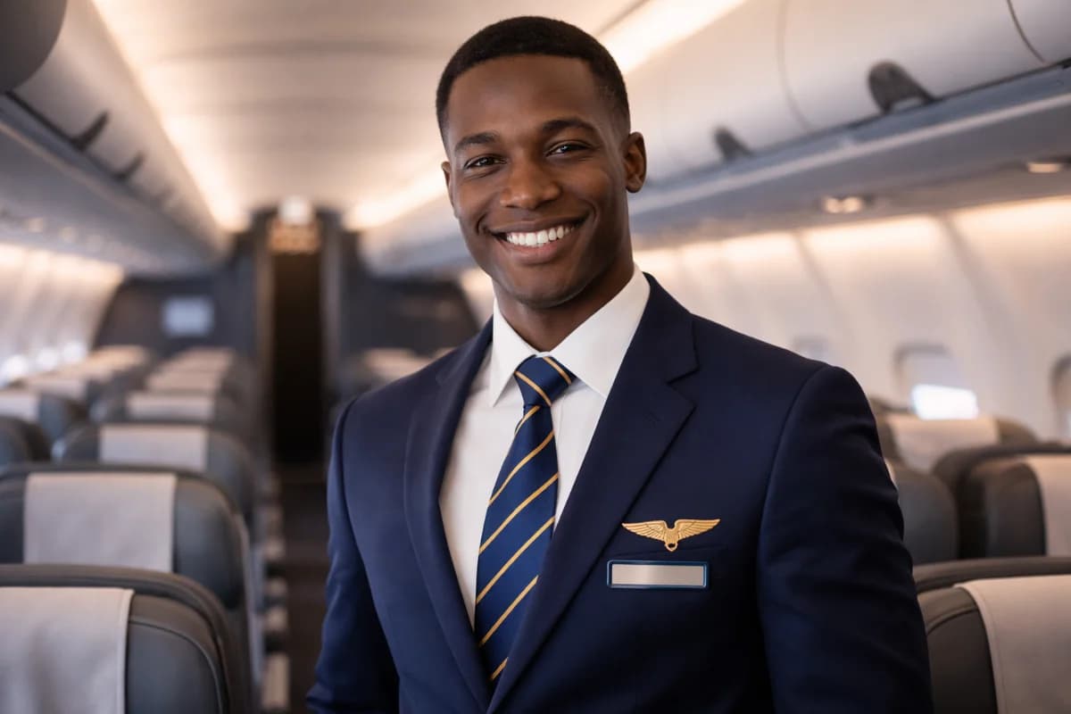 Cena realista dentro de uma cabine de avião comercial antes do embarque: um comissário de bordo iniciante em uniforme neutro revisa um checklist e observa discretamente o chefe de cabine durante o briefing no galley dianteiro; carrinho de serviço ao lado, compartimentos superiores fechados, luz suave de amanhecer entrando pelas janelas, atmosfera calma e profissional. Composição horizontal 16:9, enquadramento em plano médio com profundidade de campo, estilo fotografia editorial, cores naturais, sem texto, sem logotipos, sem marcas d’água.