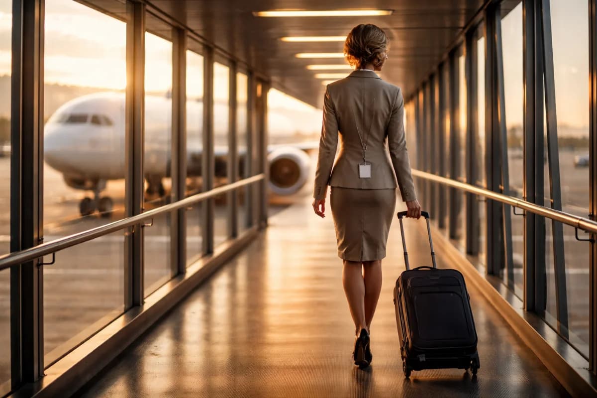 Cena realista e cinematográfica em um aeroporto moderno no Brasil: um(a) comissário(a) de bordo em uniforme neutro caminhando no finger em direção a um avião comercial ao amanhecer, com mala de rodinhas e crachá sem texto; ao fundo, pista e aeronave desfocadas, luz dourada suave, atmosfera profissional e dinâmica; composição com linhas de perspectiva do corredor, profundidade de campo, estilo fotografia editorial, cores naturais, enquadramento horizontal 16:9, sem texto, sem logotipos, sem marcas d’água