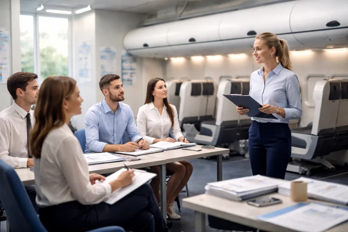 Cena realista em um centro de treinamento de aviação civil: sala moderna com mockup de cabine de avião ao fundo, instrutor(a) orientando alunos com uniforme neutro e pranchetas, materiais de estudo e cartazes técnicos sem texto legível, atmosfera profissional e acolhedora, estilo fotografia editorial, iluminação suave e natural, profundidade de campo leve, composição horizontal 16:9, enquadramento médio amplo, sem texto, sem logotipos, sem marcas d’água