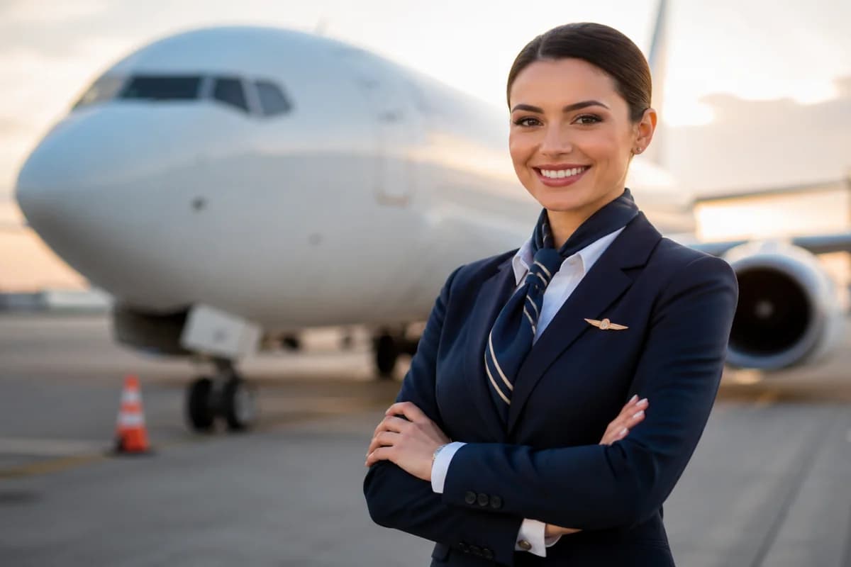 Cena realista em aeroporto moderno: um(a) candidato(a) a comissário(a) de bordo em primeiro plano com uniforme neutro e postura confiante, segurando uma pasta de documentos, ao fundo um avião comercial no finger e um grupo pequeno em dinâmica de seleção com instrutor(a) observando; ambiente clean e profissional, tons azul e cinza, profundidade de campo suave, composição com linhas do terminal guiando o olhar, estilo fotografia publicitária realista, iluminação natural difusa de manhã, enquadramento horizontal 3:2, sem texto, sem logotipos, sem marcas d’água