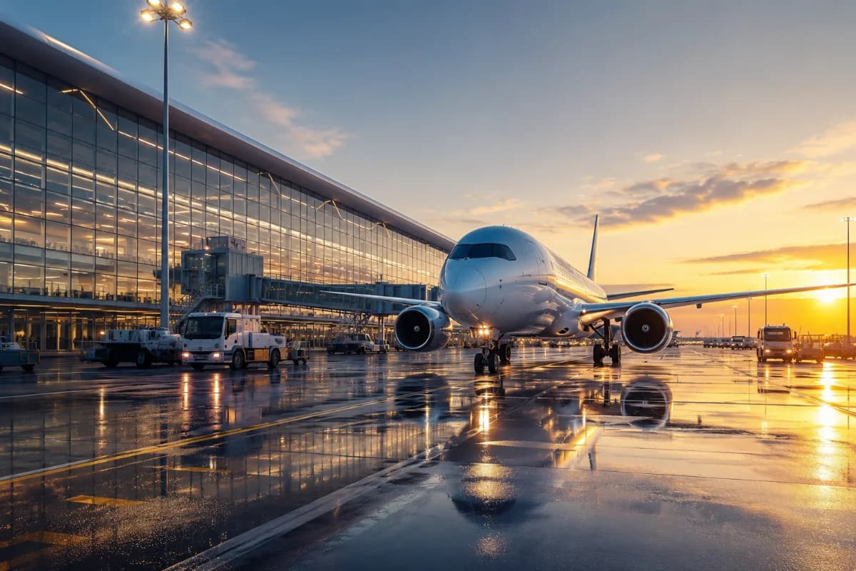 Cena realista e futurista de um aeroporto moderno ao amanhecer, com uma aeronave comercial de nova geração taxiando em primeiro plano (design aerodinâmico, motores eficientes), veículos de apoio elétricos ao lado, e um terminal com grandes painéis de vidro ao fundo. Composição horizontal 3:2, perspectiva baixa levemente angular, linhas de fuga levando ao avião, atmosfera limpa e tecnológica. Estilo visual: fotografia hiper-realista/cinematográfica, cores frias com toques dourados do sol, iluminação suave de golden hour, reflexos realistas no piso molhado, profundidade de campo moderada. Sem texto, sem logotipos, sem marcas d’água.