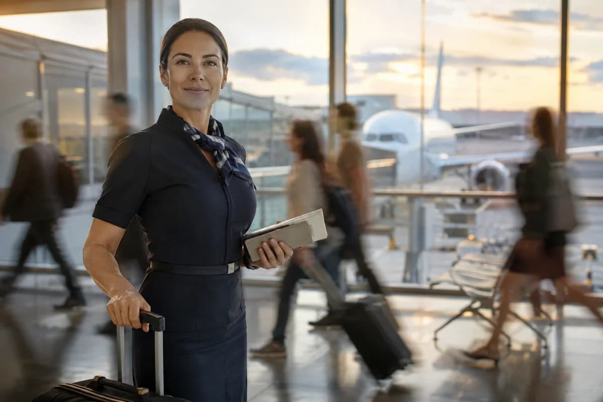 Cena realista em aeroporto moderno: adulto(a) de 30 a 45 anos com uniforme neutro de comissário(a) (sem logotipos), segurando mala de bordo e documentos, em primeiro plano com expressão confiante; ao fundo, portão de embarque e aeronave desfocada pela janela, pessoas caminhando em motion blur; composição horizontal 3:2, enquadramento médio, profundidade de campo rasa, estilo fotográfico editorial, cores naturais, iluminação suave de fim de tarde entrando pelas janelas, sem texto, sem marcas, sem logotipos, sem marca d’água