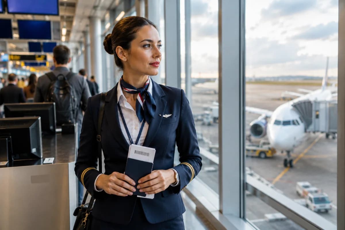 Cena realista em aeroporto brasileiro: um comissário(a) de bordo estrangeiro(a) em uniforme neutro (sem marcas), segurando passaporte e documentos de trabalho, ao lado de um balcão de check-in e um avião ao fundo na pista. Ambiente moderno, luz natural suave de fim de tarde entrando por grandes janelas, composição limpa e profissional, foco no personagem em primeiro plano com profundidade de campo, elementos de aviação discretos (placas genéricas sem texto), estilo fotográfico editorial, cores naturais, enquadramento horizontal 3:2, sem texto, sem logotipos, sem marcas d’água.