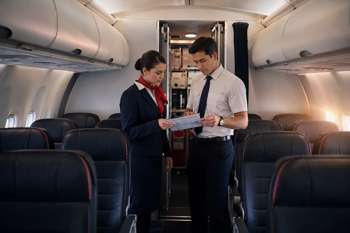 Cena realista dentro de uma cabine de avião comercial moderna durante o briefing pré-voo: uma comissária e um comissário de bordo em pé no corredor, conferindo checklist e equipamentos de segurança próximos à galley, com passageiros ainda ausentes, compartimentos superiores fechados, luz suave de amanhecer entrando pelas janelas, atmosfera profissional e focada. Composição horizontal 3:2, enquadramento em perspectiva pelo corredor, profundidade de campo moderada, estilo fotográfico editorial, cores neutras, iluminação natural com preenchimento suave, sem texto, sem logotipos, sem marcas d’água.