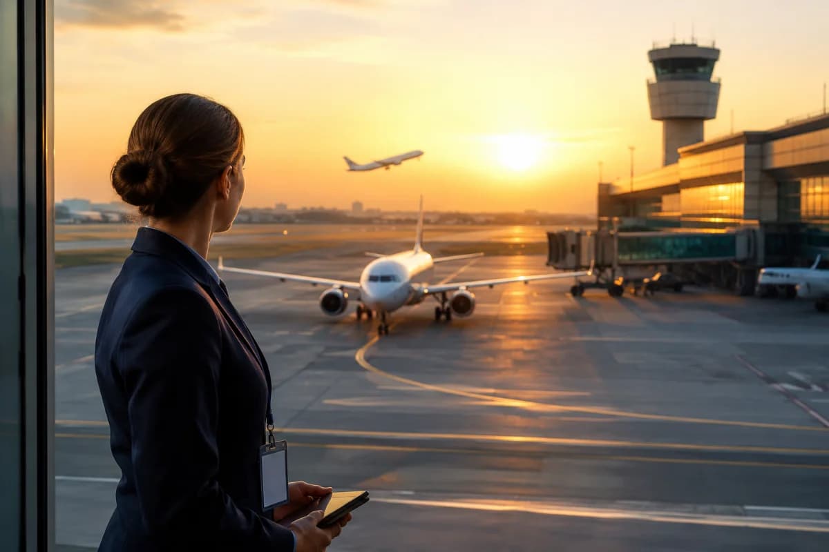 Cena realista e inspiradora em um aeroporto moderno ao amanhecer: em primeiro plano, uma pessoa com uniforme neutro e crachá sem marca observando a pista; ao fundo, um avião comercial taxiando e outro decolando, com torre de controle e terminal ao lado. Composição limpa e profissional, profundidade de campo suave, estilo fotográfico editorial, cores naturais, iluminação dourada de sunrise, enquadramento horizontal 600x400, sem texto, sem logotipos, sem marcas d’água.