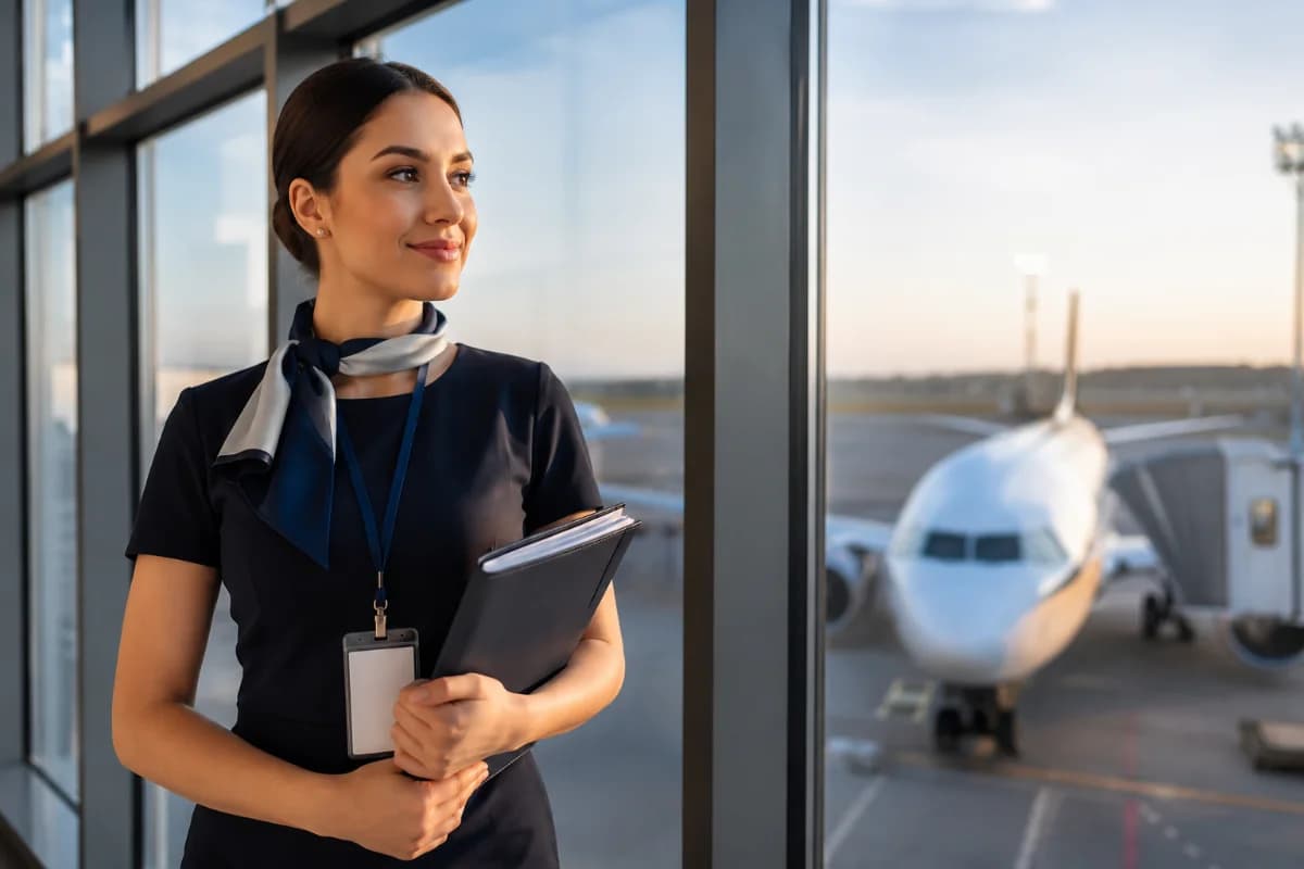 Cena realista em aeroporto moderno: jovem adulto em uniforme neutro de comissário(a) de bordo segurando uma pasta de treinamento e um crachá genérico, ao lado de uma janela ampla com um avião comercial ao fundo na pista; expressão confiante e serena, postura profissional; ambiente limpo e iluminado, tons azul e cinza; composição com sujeito no terço esquerdo e aeronave desfocada ao fundo, profundidade de campo suave; estilo fotográfico editorial, alta nitidez, iluminação natural de fim de tarde, enquadramento horizontal 600x400, sem texto, sem logotipos, sem marcas d’água