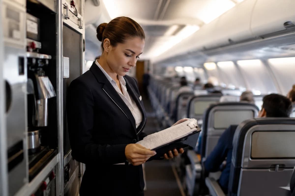 Cena realista dentro de uma cabine de avião comercial moderna, com um comissário de bordo em uniforme neutro conferindo uma prancheta de escala e documentos de trabalho próximo à galley, passageiros desfocados ao fundo, detalhes de assentos e iluminação de cabine suave; composição editorial limpa, foco no profissional e nos documentos, profundidade de campo rasa, estilo fotográfico corporativo realista, cores naturais, iluminação difusa, enquadramento horizontal 600x400, sem texto, sem logotipos, sem marcas d’água