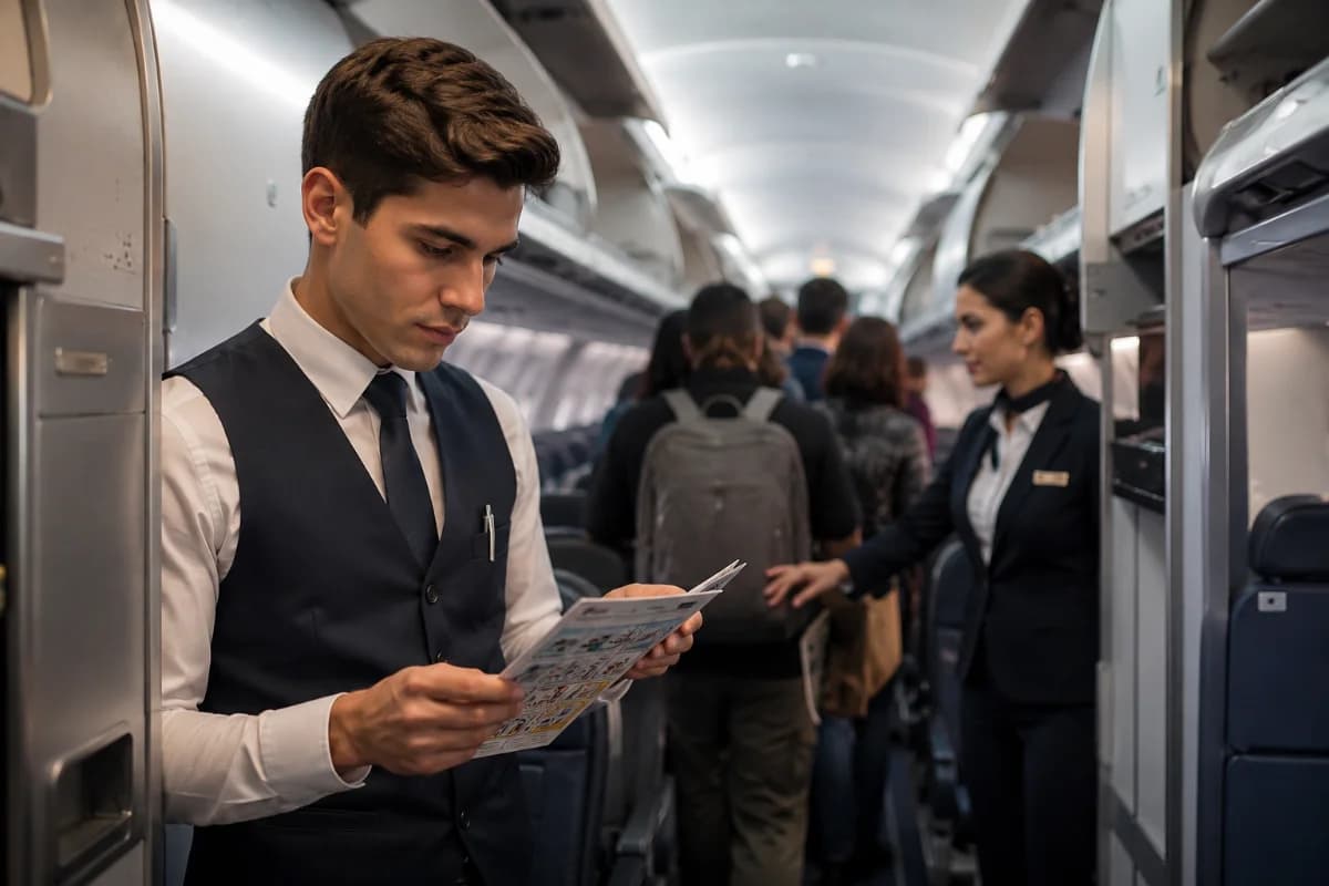 Cena realista dentro de uma cabine de avião comercial durante o embarque: um comissário de bordo iniciante em uniforme neutro conferindo checklist e cartão de segurança, com expressão focada e levemente cansada; ao fundo, corredor da aeronave com passageiros desfocados entrando e uma colega mais experiente orientando discretamente. Ambiente de cabine moderna, iluminação suave de teto, tons frios e metálicos, profundidade de campo rasa, estilo fotografia editorial documental, composição horizontal 600x400, enquadramento na altura dos olhos, sem texto, sem logotipos, sem marcas d’água.