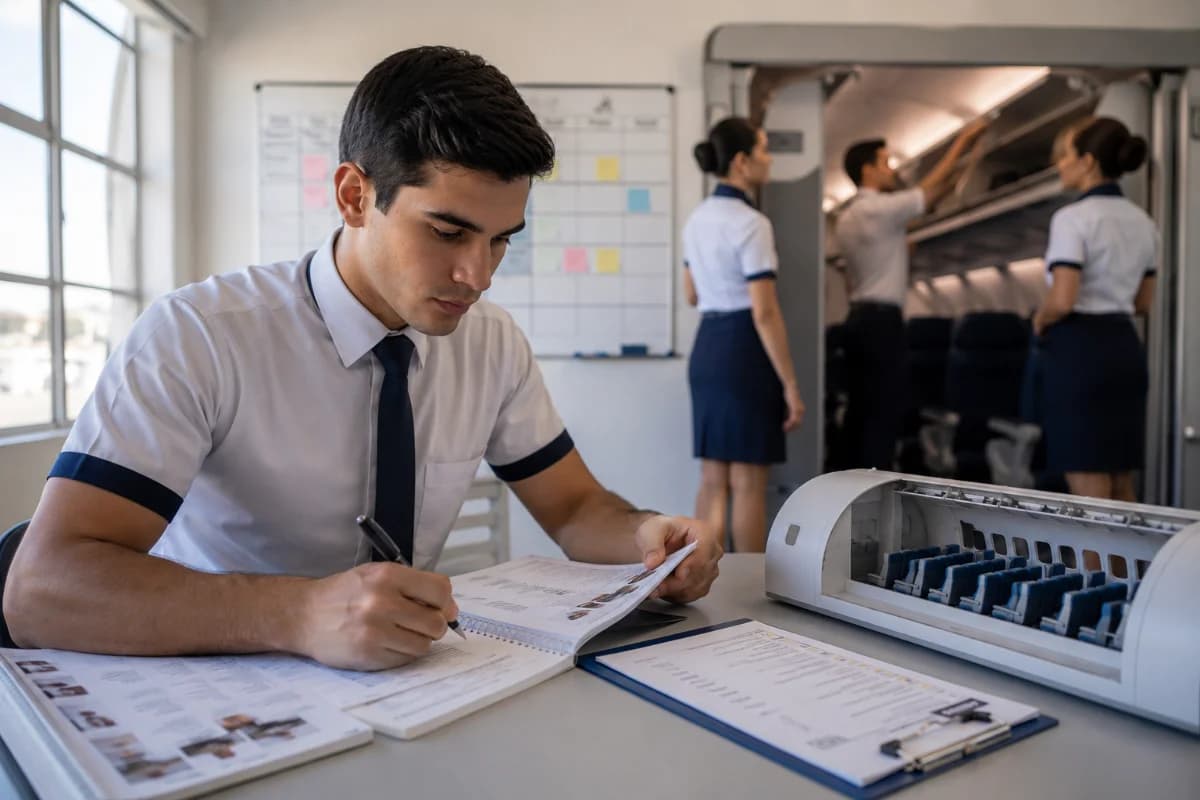 Cena realista em ambiente de treinamento de aviação civil: um aluno de comissário de bordo em uniforme discreto estudando com apostilas e checklist ao lado de uma maquete de cabine e um quadro com cronograma; ao fundo, outros alunos praticam postura e atendimento em uma cabine simulada. Composição horizontal 600x400, foco no aluno em primeiro plano com profundidade de campo suave, estilo fotográfico editorial moderno, cores neutras, iluminação natural suave de janela, ambiente limpo e profissional, sem texto, sem logotipos, sem marcas d’água.