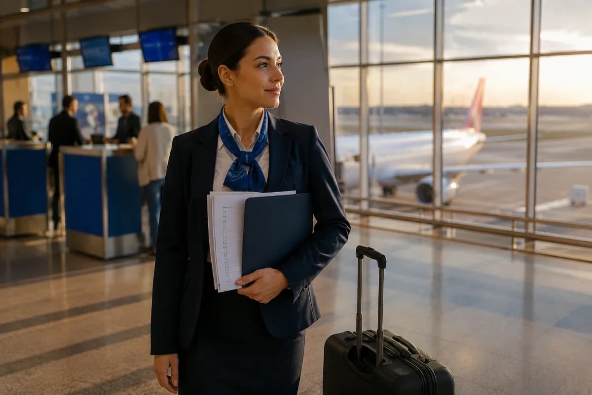 Cena realista em aeroporto moderno: um(a) candidato(a) a comissário(a) de bordo em primeiro plano segurando uma pasta com documentos e checklist, ao lado uma mala de mão; ao fundo, balcões de check-in e um avião visível pela janela do terminal. Composição horizontal 600x400, enquadramento em plano médio, profundidade de campo suave, estilo fotográfico editorial corporativo, cores neutras com detalhes em azul, iluminação natural de fim de tarde entrando pelas janelas, atmosfera profissional e aspiracional, sem texto, sem logotipos, sem marcas d’água.