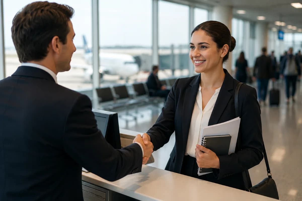 Cena realista e inspiradora em um aeroporto moderno: jovem candidato(a) em traje social simples, segurando currículo e um caderno de anotações, conversando com um(a) recrutador(a) ao lado de um balcão de atendimento; ao fundo, portões de embarque e aeronave desfocada, fluxo leve de passageiros; composição com foco no aperto de mão e expressão confiante, profundidade de campo suave, estilo fotográfico editorial, cores neutras e profissionais, iluminação natural suave de manhã, enquadramento horizontal 600x400, sem texto, sem logotipos, sem marcas d’água