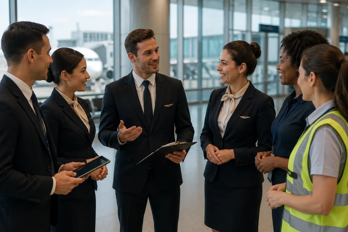 Cena realista em aeroporto moderno: um comissário de bordo e uma comissária em uniforme neutro (sem logotipos) em briefing pré-voo ao lado de uma equipe diversa (solo e cabine), com prancheta e tablet, linguagem corporal profissional e colaborativa; ao fundo, portão de embarque e janela com aeronave desfocada; composição horizontal 600x400, enquadramento médio, foco nos rostos e postura, profundidade de campo suave, estilo fotográfico editorial, cores naturais, iluminação suave de manhã, sem texto, sem marcas d’água, sem logotipos