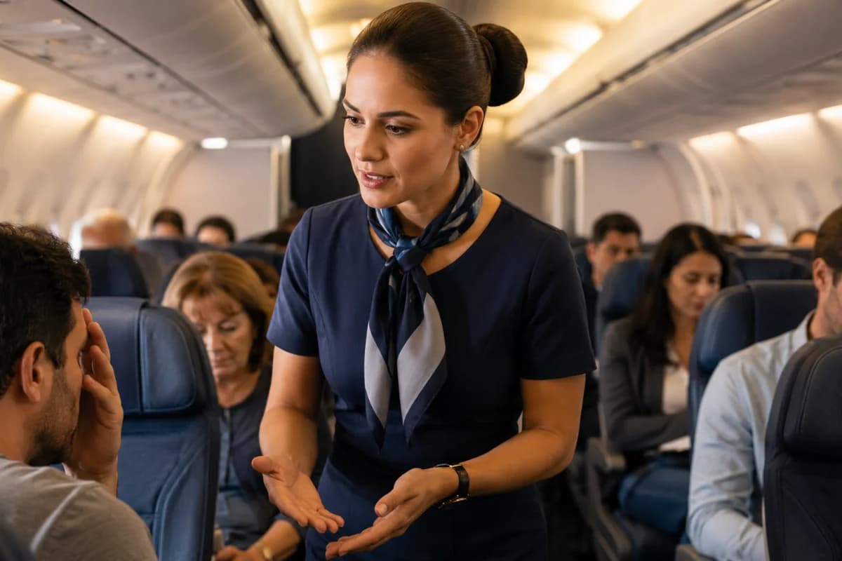 Cena realista em cabine de avião comercial durante voo: comissário(a) de bordo em primeiro plano com expressão calma e confiante, postura profissional, mãos em gesto de comunicação serena; ao fundo, passageiros diversos sentados, um passageiro levemente preocupado sendo atendido com empatia; corredor e compartimentos superiores visíveis, iluminação suave e quente de cabine, atmosfera de alta responsabilidade e tranquilidade sob pressão. Composição cinematográfica, estilo foto realista, profundidade de campo moderada, foco no(a) comissário(a), enquadramento horizontal 660x400, sem texto, sem logotipos, sem marcas d’água.