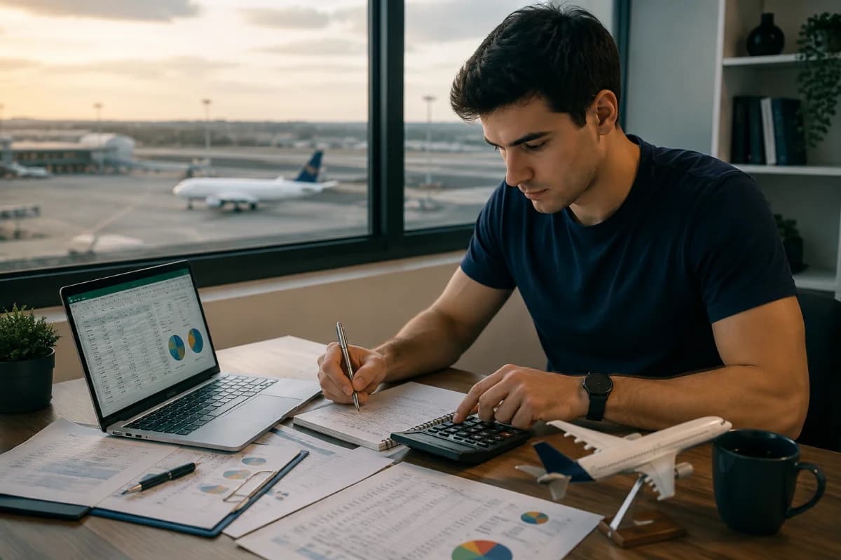 Cena realista de um jovem adulto em casa organizando finanças para iniciar carreira na aviação: mesa com laptop aberto em planilha de orçamento, calculadora, caderno com anotações, documentos e um pequeno modelo de avião; ao fundo, janela com vista distante de um aeroporto com aeronave taxiando; ambiente minimalista e organizado, tons neutros e azulados, estilo fotografia editorial moderna, iluminação natural suave de fim de tarde, profundidade de campo moderada, foco na mesa e nas mãos planejando, enquadramento horizontal 600x400, sem texto, sem logotipos, sem marcas d’água