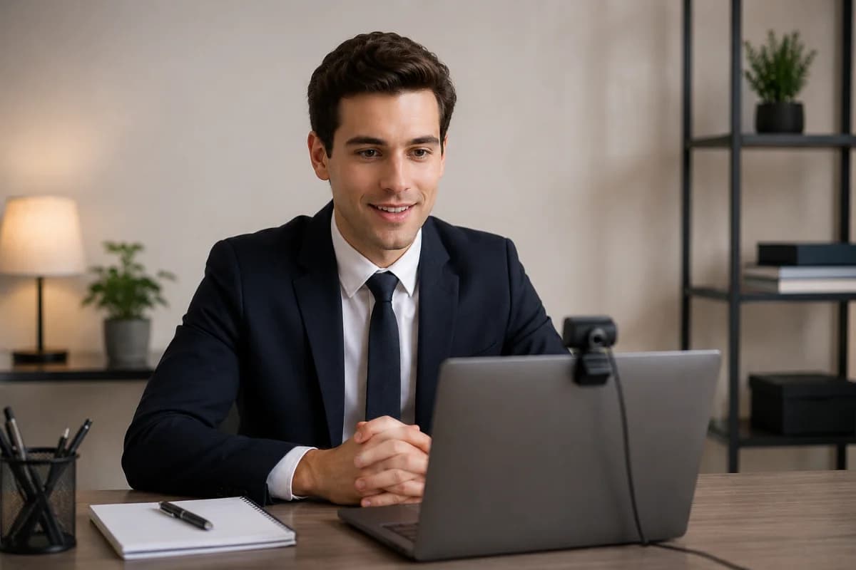 Cena realista de um candidato a comissário de bordo em home office organizado, sentado(a) em frente a um notebook com webcam, câmera na altura dos olhos, iluminação frontal suave, fundo neutro e limpo, mesa com bloco de notas e caneta, aparência profissional com traje social discreto, expressão confiante e postura ereta, atmosfera calma e silenciosa, profundidade de campo leve, estilo fotográfico editorial corporativo, cores neutras, alta nitidez, enquadramento horizontal 600x400, sem texto, sem logotipos, sem marcas d'água