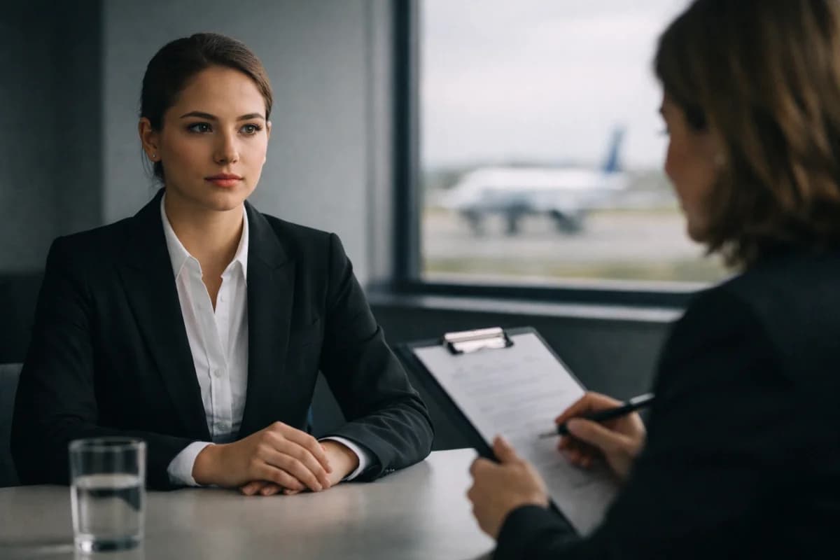Cena realista em ambiente de recrutamento de aviação: sala de entrevista moderna e minimalista em um centro de treinamento, com um(a) candidato(a) em traje social alinhado sentado(a) ereto(a) diante de uma mesa, recrutador(a) com prancheta avaliando, ao fundo discretamente uma janela com pista e aeronave desfocadas; composição com foco no candidato e na linguagem corporal, atmosfera de tensão controlada e profissionalismo; estilo fotográfico cinematográfico, cores neutras, iluminação suave lateral, profundidade de campo rasa, enquadramento horizontal 16:9, sem texto, sem logotipos, sem marcas d'água