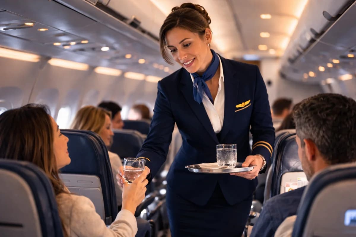 Cena realista de um(a) comissário(a) de bordo brasileiro(a) em treinamento pré-voo dentro de um mockup de cabine de avião, com assentos e compartimentos superiores ao fundo, segurando um manual de segurança e checklist, ambiente de escola de aviação, composição limpa e profissional, estilo fotografia editorial moderna, iluminação suave e natural, foco nítido no personagem em primeiro plano, profundidade de campo leve, enquadramento horizontal 3:2, sem texto, sem logotipos, sem marcas d’água