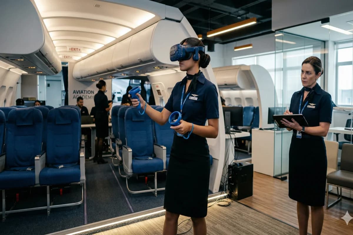 Cena realista em um centro de treinamento de aviação: um aluno comissário usando headset de realidade virtual e controles, em pé ao lado de um mockup de cabine de avião; instrutor observando com prancheta ao fundo; ambiente moderno e limpo, equipamentos de treinamento e iluminação de estúdio suave; composição cinematográfica, foco no aluno e no headset, profundidade de campo, cores neutras com detalhes em azul; estilo fotográfico hiper-realista, alta nitidez, enquadramento horizontal 16:9, sem texto, sem logotipos, sem marcas d’água